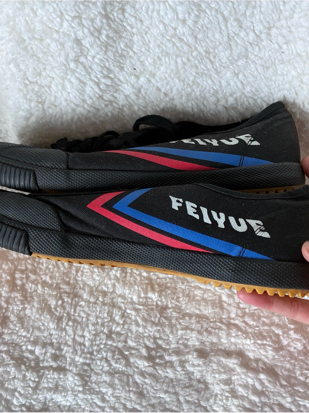 Feiyue Black Canvas Athletic Shoes with Blue and Pink Stripes
